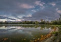 Stromovka park with trees forest and pond Bagr in autumn morning