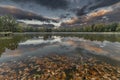 Stromovka park with trees forest and pond Bagr in autumn morning