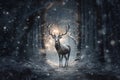 Strong adult stag standing on the path in the deep wood while snowing lit by moonlight and yellow warm light