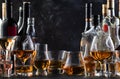 Strong alcohol drinks, hard liquors, spirits and distillates iset in glasses and bottles: cognac, scotch, whiskey and other. Black Royalty Free Stock Photo