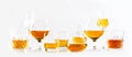 Strong alcohol drinks, hard liquors, spirits and distillates iset in glasses: cognac, scotch, whiskey and other. White background Royalty Free Stock Photo