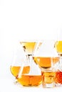 Strong alcohol drinks, hard liquors, spirits and distillates iset in glasses: cognac, scotch, whiskey and other. White background Royalty Free Stock Photo