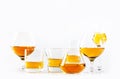 Strong alcohol drinks, hard liquors, spirits and distillates iset in glasses: cognac, scotch, whiskey and other. White background Royalty Free Stock Photo