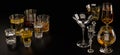 A set of strong alcoholic beverages in glasses, in the presence of whiskey, vodka, rum, brandy, tequila, on a dark background Royalty Free Stock Photo