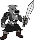 Strong angry hippopotamus gladiator warrior cartoon illustration