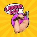 Strong arm with biceps holding a hammer, Factory worker, handyman, builder in pop art comics retro style Halftone. Happy