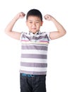 Strong Asian boy showing off his biceps flexing muscles his arm, isolated on white background Royalty Free Stock Photo