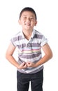 Strong Asian boy showing off his biceps flexing muscles his arm, isolated on white background Royalty Free Stock Photo