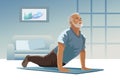 Strong Athletic Fit Senior Man Training on a Yoga Mat, Doing Back Stretching and Core Strengthening Exercises During Morning