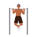 Strong athletic man cartoon character pulling up on horizontal bars enjoying training workout