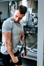 Handsome strong athletic man working triceps muscles. workout fitness and bodybuilding healthy concept