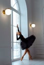 Ballerina in black tutu ballet skirt and leotard, on tiptoe in pointe shoes, near window