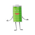 Strong battery man standing and shows his muscles. Full charged green battery. Element of alternative energy. Vector Royalty Free Stock Photo