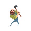 Strong bearded woodcutter working with axe. Funny bald lumberjack. Cartoon man character in green checkered shirt and