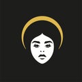 Strong beautiful female portrait mystic golden curved rim minimalist logo spa cosmetic vector flat