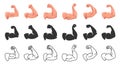 Strong biceps. Gym arm flexing, bicep muscle power silhouette and hand strength icons vector illustration set Royalty Free Stock Photo