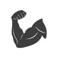 Strong biceps icon in black style. Bodybuilder muscle flex arm symbol. Sport, fitness, workout, gym club logo design Royalty Free Stock Photo