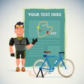 Strong bicycle man with present board. Map introduction. Character design - vector illustration