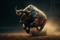 Strong black bull with big horns running Royalty Free Stock Photo