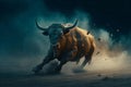Strong black bull with big horns running