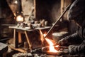 Strong blacksmith processing metal on anvil and working with fire.