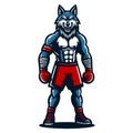 Strong body muscle boxing fighter wolf fox dog mascot design vector illustration, logo template isolated on white background