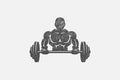 Strong bodybuilder lifting barbell silhouette hand drawn stamp vector illustration.