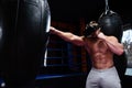Strong boxer fights in VR glasses Royalty Free Stock Photo