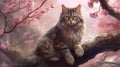 a strong brave grey anime cat on a cherry tree, ai generated image