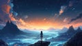 a strong brave lonely woman watching a beautiful majestic scenery of a fantasy land, aerial view wallpaper, ai generated image