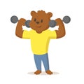 Strong brown bear with dumbbells, cartoon character. Flat vector illustration, isolated on white background.