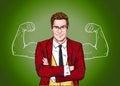 Strong Businessman in glasses in comic style.Success .Worker.