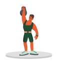 Strong cartoon male bodybuilder lifts dumbbell in gym vector