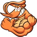 Strong cartoon shrimp mascot flexing its arm