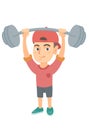 Strong caucasian boy lifting heavy weight barbell. Royalty Free Stock Photo