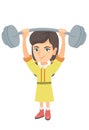 Strong caucasian girl lifting heavy weight barbell