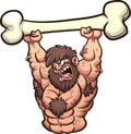 Strong cartoon caveman lifting a big bone.