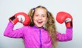 Strong child boxing. Sport and health concept. Boxing sport for female. Sport upbringing. Skill of successful leader