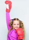 Strong child boxing. Sport and health concept. Boxing sport for female. Skill of successful leader. Sport upbringing