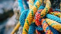 Strong climbing knot with pastel colored ropes on bokeh background. Team building concept. Generative AI Royalty Free Stock Photo