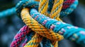 Strong climbing knot with pastel colored ropes on bokeh background. Team building concept. Generative AI Royalty Free Stock Photo