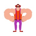 Strong Clown. Serious funnyman. Powerful harlequin. Vector illustration