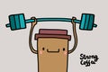 Strong coffee hand drawn vector illustration with cup of drink smiling holding heavy weight