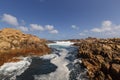 Strong current of water rushing through the rocks at seashore