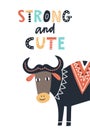 Strong and cute - Cute kids hand drawn nursery poster with cow and lettering on white background. Royalty Free Stock Photo