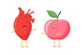 Strong cute healthy happy human heart organ character with red apple mascot. Vector flat cartoon nutrition concept Royalty Free Stock Photo