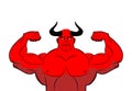 Strong demon with horns. Powerful red devil. Satan bodybuilder