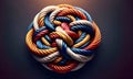 Strong, diverse network, ropes, knots, team concept, interwoven pattern, black background, collaboration Royalty Free Stock Photo