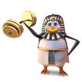 Strong Egyptian pharaoh penguin Tutankhamun lifts some heavy weights with his little wing, 3d illustration