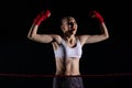 Strong emotions after winning the fight. A young MMA fighter. Hands raised up to prove a huge victory